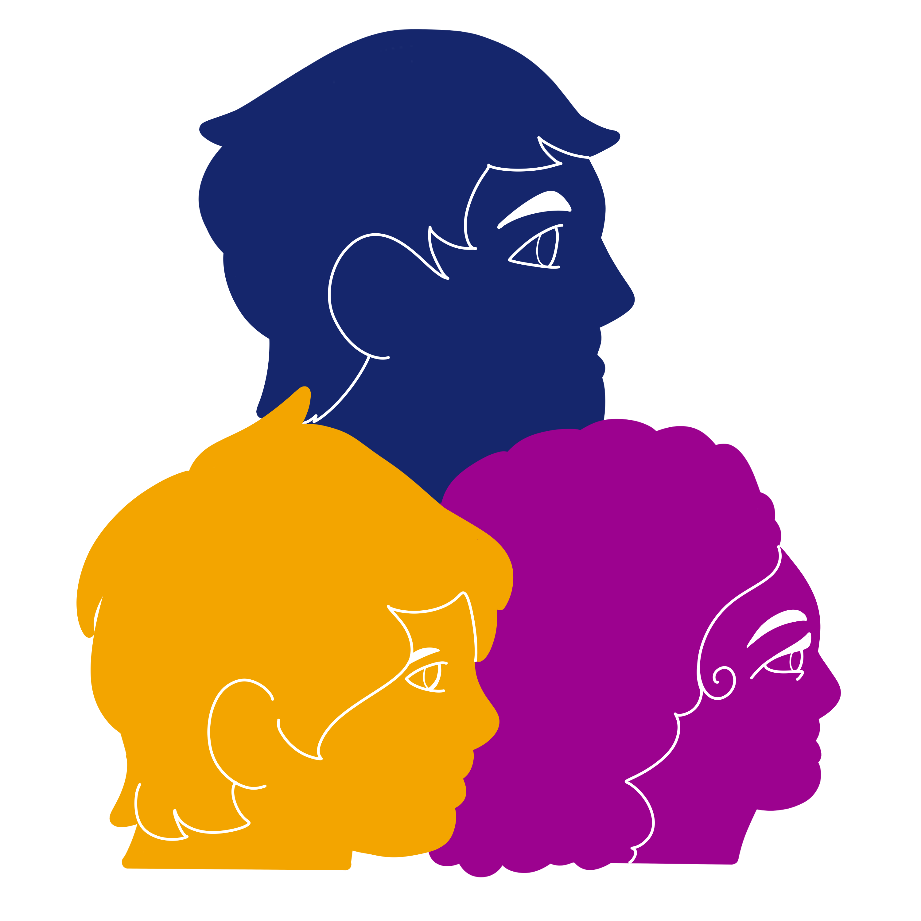 3 head silhouettes, one magenta woman, one navy blue man, and one orange child.